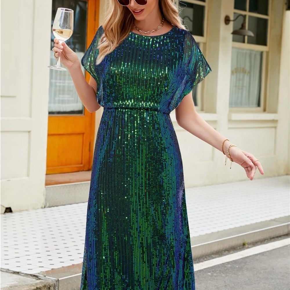 Glamorous Sequin Maxi Dress in Green and Blue